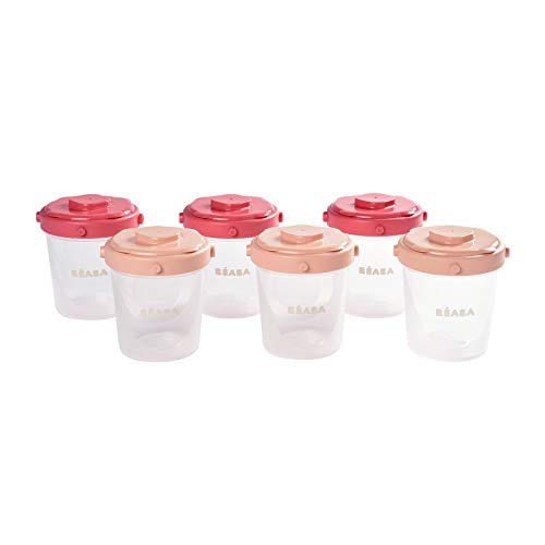 BÉABA - Set van 6 bewaarbekers voor babyvoeding - stapelbare en met clip te bevestigen containers - 100% luchtdicht met maatschaal - vriesbestendig - 6 x 200 ml - roze