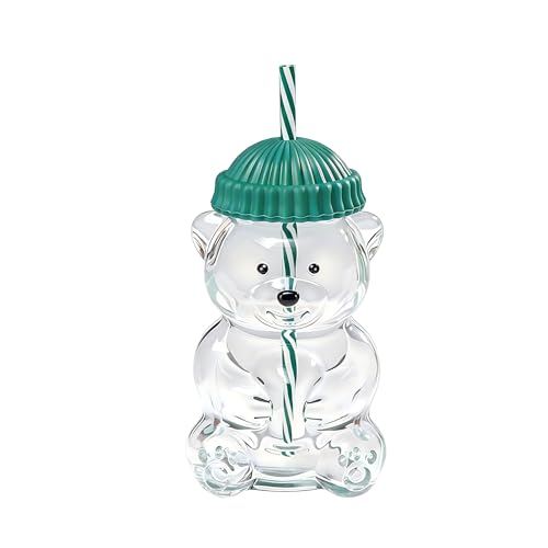 2026 Bear Glass Cup Cute20oz Cute Bears Cup with Straws and Lids for Milk Tea Cocktails Smoothies iced Birthday Holiday Gifts (1 Green 20 oz)