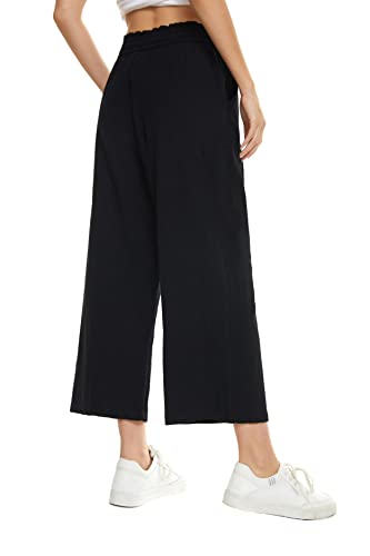 LNX Womens Wide Leg Linen Pants High Waisted Drawstring Flowy Casual Crop Trousers with Pockets2