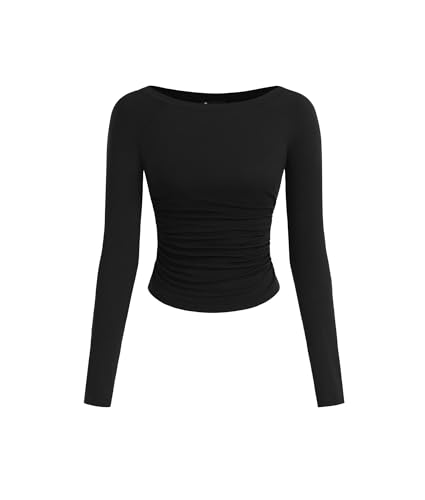 PRETTYGARDEN Long Sleeve Shirts for Women 2025 Fall Ruched Sides Boat Neck Basic Tee Casual Fitted Ribbed Knit Crop Tops