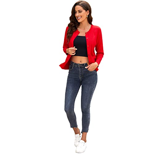 Women's Crew Neck Button Down Long Sleeve Solid Knit Classic Cardigan Sweater Red #TOP1