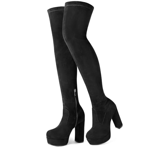 NueiVeiuo Ladies Boots Thigh High Platform Stretchy Over the Knee Boots Chunky Heel Side Zipper Black-Mosha US 8