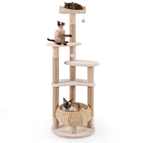 SOARS Kratzbaum groß, 164 cm Katzenbaum mit Kratzsäulen, Plattformen aus Wasserhyazinthe, Plüschbälle, mehrstöckiger Katzenkratzbaum, Kletterbaum...