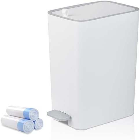 rejomiik Small Bathroom Trash Can with Lid, 2.1 Gallon Step Garbage Can with Handle, Slim Mini Wastebasket Bin for Bedroom, Office, Dorm, White