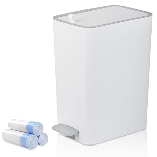 rejomiik Small Bathroom Trash Can with Lid, 2.1 Gallon Step Garbage Can with Handle, Slim Mini Wastebasket Bin for Bedroom, Office, Dorm, White
