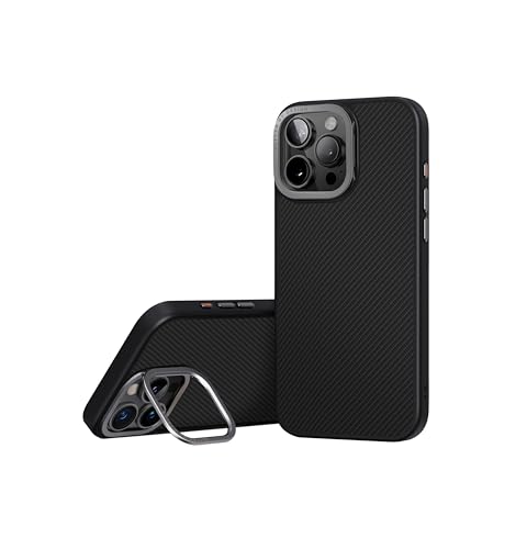 UNIQ KEVA Max Coque pour iPhone 16 Pro Max (Noir Carbone), Coque de téléphone en Fibre d'aramide avec Charge magnétique améliorée + Support à Rabat intégré pour Appareil Photo