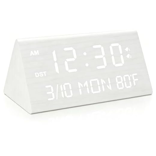 Kogonee Wooden Digital Alarm Clock, 0-100% Dimmer, 2 Alarm Settings, Weekday/Everyday Mode, 9 Mins Snooze, 12/24H, Temperature and Date Display for Office, Travel, Bedroom Alarm Clock (White)