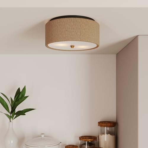 Nathan James Juluca Boho Light Fixture Flush Mount Ceiling Light with Frosted Glass Diffuser Rustic Boho Ceiling Light with Seagrass Shade