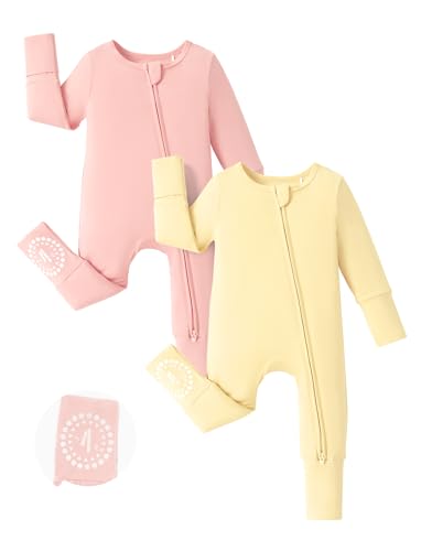 Image of PATPAT Baby Footies Boys Girls - Bamboo Viscose - Zipper & Non-Slip Soles Romper Mitten - Footed & Footless Infant Clothes