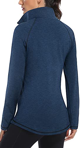 Miusey Jaqueta feminina de corrida com zíper de um quarto e manga comprida para treino, Azul marino,