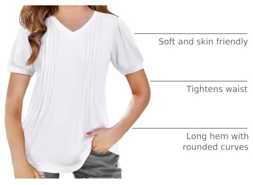 Image of Arshiner Girls Puff Short Sleeve Shirts Pleated Tunic Top Casual V Neck Summer Kids Blouse Tee