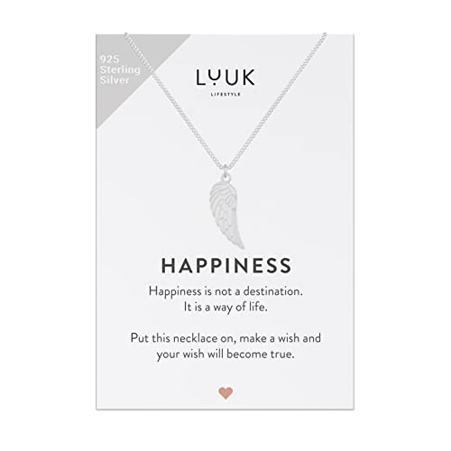 LUUK LIFESTYLE Collier en argent sterling 925 avec pendentif ailes d'ange, carte cadeau HAPPINESS, porte-bonheur de voyage, argent