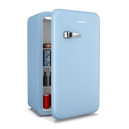 Klarstein Audrey Evo 90L Mini Frigo - Rétro, Silencieux 40 dB, Thermostat Mécanique, Porte Réversible, LED, Petit Frigo pour Chambres & Bureaux, Bleu