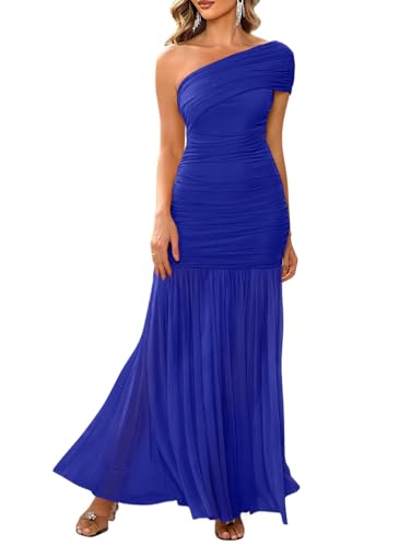 LAGSHIAN Women's Elegant Formal Long Dress One Shoulder Sleeveless Ruched Bodycon Evening Dress...