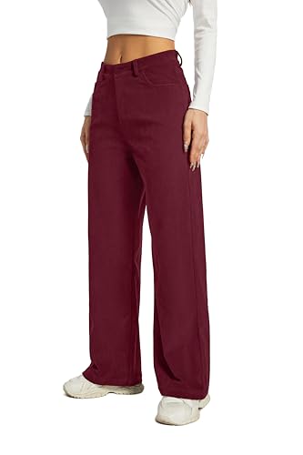 Women's Corduroy Loose Mid Rise Pant Casual Fall Straight Leg Elastic Waist Pants with Pockets