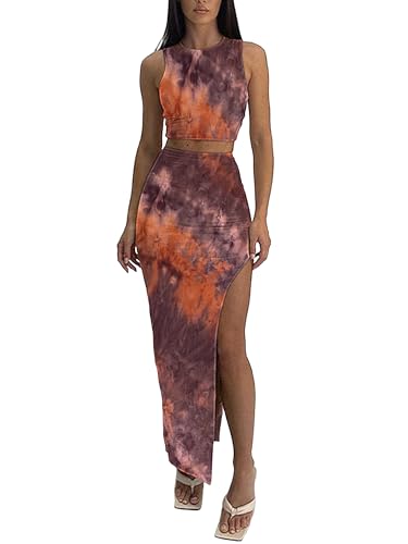 Image of ELLEVEN Sexy 2 Piece Maxi Skirt Sets for Women, Going Out Outfits | High Stretch, Lightweight, Slim Fit, Sleeveless Knit Crop Tank Top, High Slit Skirt Dress Set, Summer Date Night Outfits