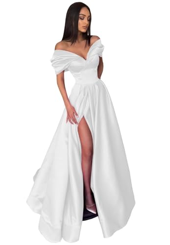 Image of Pleated Off The Shoulder Satin Prom Dresses for Women, Formal Evening Gowns Cocktail Party Dresses with Slit&Pockets