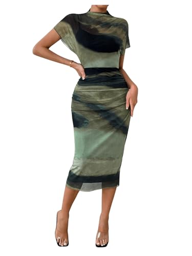 Milumia Women's Tie Dye Short Sleeve Mock Neck Mesh Bodycon Midi Dress