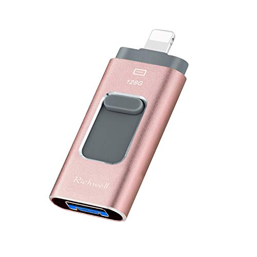 USB Flash Drive 128G Thumb Drive for iPhone Photo Stick 3in1 USB 3.0 Memory iPad Flash Drive USB Stick External Storage Richwell Password/Touch ID Protected/Android and Computer(Pink128G-XT)