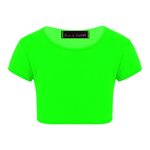 Tops Cortos de Manga Corta Lisos Fluorescentes de neón para niñas, Camiseta para niños, Ropa de Baile, Vestido Elegante de Gimnasia Verde neón 7-8 Años