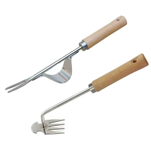 AGSYFFD 2 Piece Garden Hand Weeder Tool Set Stainless Steel Weeder with Wooden Handle Weeder Fork Half Round 4 Tine Hand Weeder for Garden Digging Loosening Soil, Hand Weeder Tool