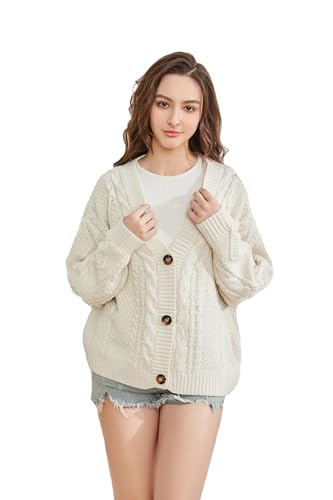 Women's Knit Cardigan Long Sleeve V Neck Sweatshirt Knitted Print Button Down Knitwear Outerwear Off-White