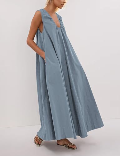 Image of Women Sleeveless Ruched Maxi Dress Scoop Neck Long Elegant Dresses Wide Shoulder Strap Blouse Dress with Side Pockets