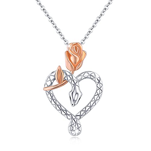 TUGHRA Snake Necklaces for Women 925 Sterling Silver Rose Gold Rose Flower Heart Pendant Necklace Jewelry Gifts for Mom Daughter Girls Birthday Mother's Day