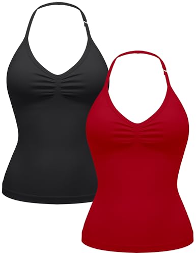 OLCHEE Womens Halter Tank Tops V Neck Impact Backless Longline Strappy Adjustable Gym Workout Top Padded