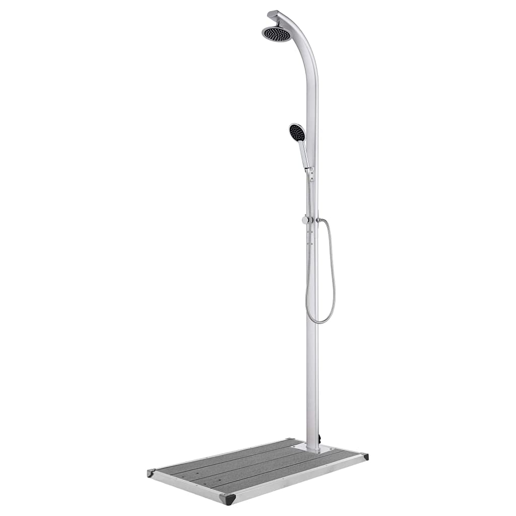Mangloder - Doccia da giardino con piastra di base grigia in WPC, 220 cm, in alluminio, soffione da 15 cm e doccetta da 1,5 m, per piscina, idromassaggio, jacuzzi e giardino all'aperto in estate