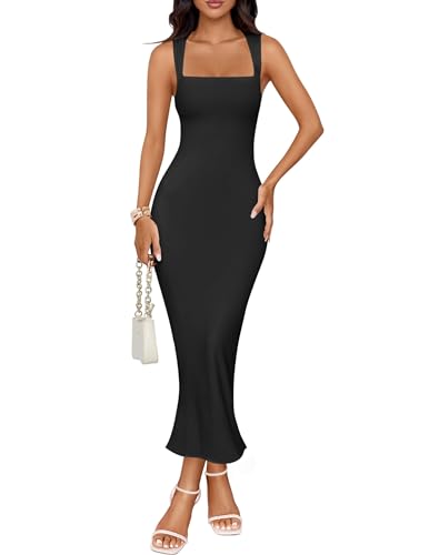 ZESICA Women's Summer Bodycon Midi Dress Sleeveless Square Neck Slim Fit Back Slit Long Cocktail Party Dresses