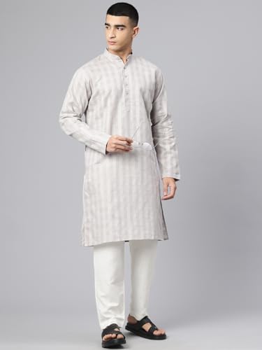 Image of Majestic Man Men's Pure Cotton Textured Check Mandarin Collar Long Kurta