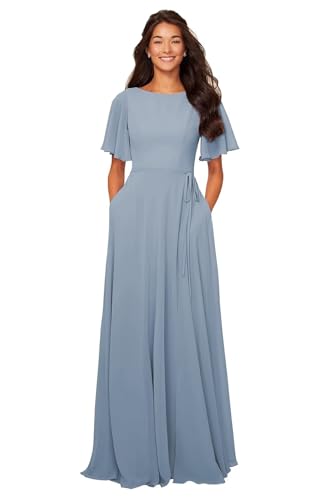 Image of petyoo Chiffon Flutter Sleeve Bridesmaid Dresses with Pockets Sash Long A Line Formal Dress