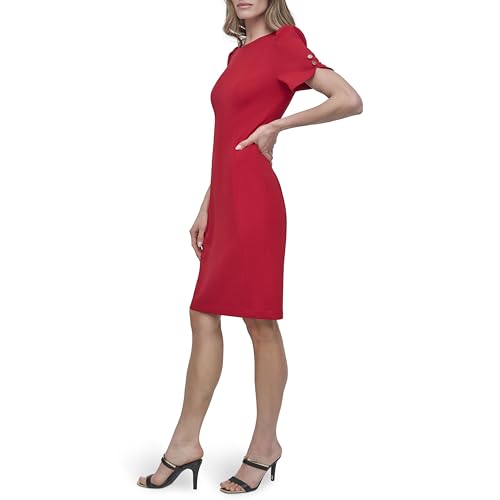 Image of DKNY Women's Short Tulip Sleeve Sheath Dress with Button Detail