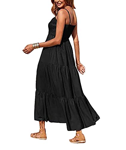 Image of Sexyshine Women's Square Neck Halter Lace Up Criss Cross Maxi Dress Tie Back Sleeveless Smocked Ruched A Line Dress
