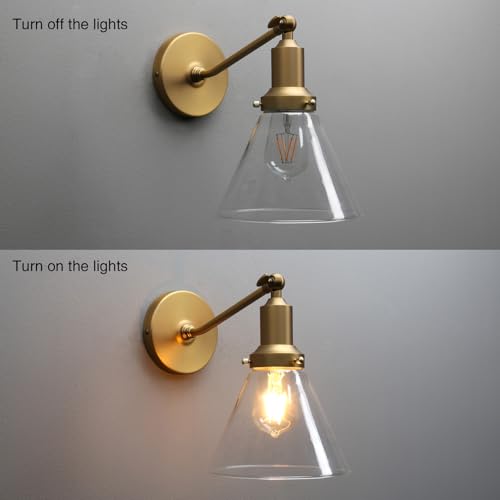 Image of PERMO Industrial Vintage Slope Pole Wall Mount Single Sconce with Funnel Flared Clear Glass Shade Wall Sconce Light Lamp Fixture Hardwired (Antique Gold)