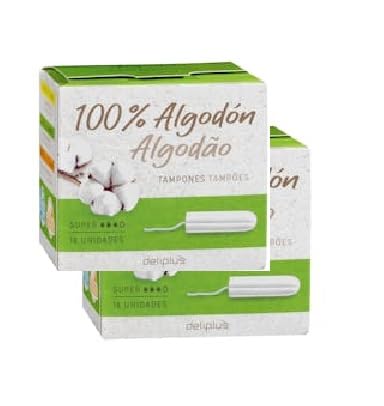Tampones super Deliplus 100% algodón Flujo Abundante | 2 cajas de 18 unidades [36 Unidades]