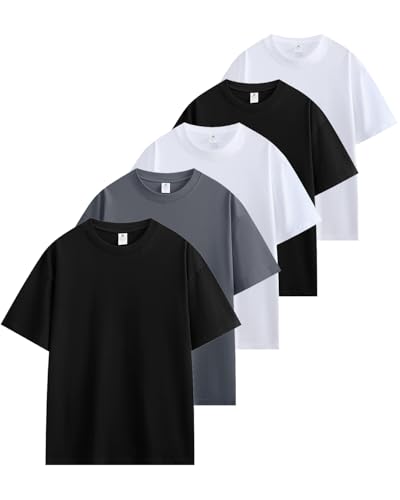 [SHOREKEEPER] 6.8OZ tシャツ メンズ 半袖 綿100% 5枚組 プレミアム インナーシャツ ゆったり ティーシャツ 丸首 無地 抗菌防臭 肌着 オールシーズン 複数色選び 男女兼用 (JP, アルファベット, 2XL, ベース5色(ブラック × ブラック × ホワイト × ホワイト × ダークグレー))の商品画像（Amazon）