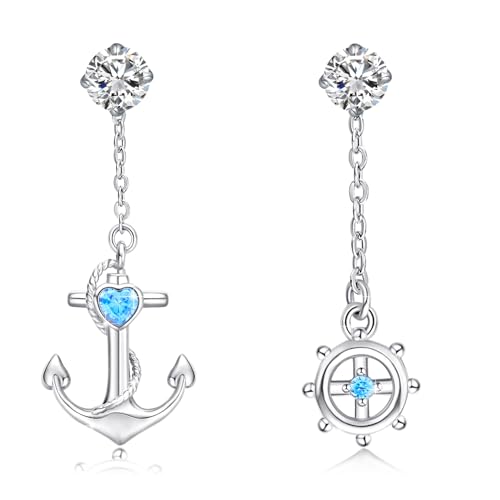 925 Sterling Silver Anchor Stud Earrings - Steering Wheel Thread Earring for Women Ocean Sea Minimalist Hypoallergenic Nautical Theme Jewelry with Box (Anchor)