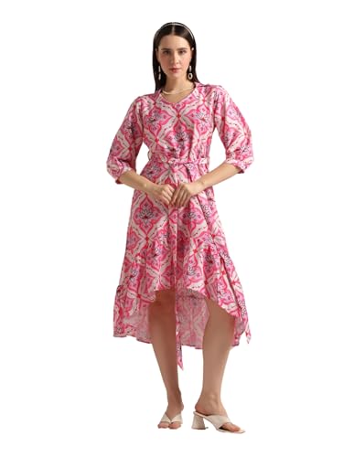 Image of Leriya Fashion Dresses for Women Crepe Abstract Print Belt Waisted High N Law with Ruffled Hem in Wrap-Up Western Dress Shopping College Holidays Office Wear Casual Dress for Girls