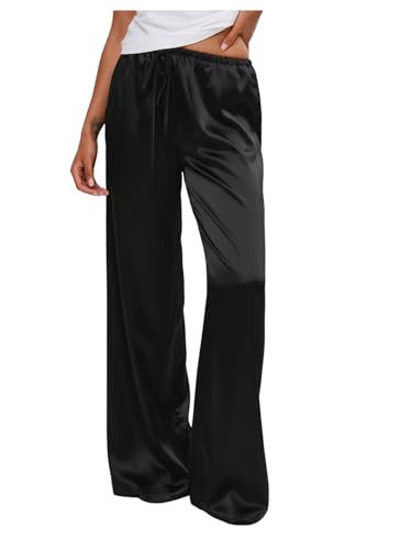 Image of MakeMeChic Women's Summer Satin Silk Pants Casual Flowy Pants Beach Vacation Wide Leg Pants