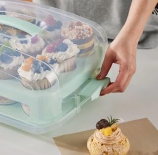 Top Shelf Elements Cupcake Carrier, EXTRA TALL LID, Green Cupcake Holder Carries 24 Standard-Size Cupcakes, Muffin Traveler Two Tier Stand Reusable Cupcake Box