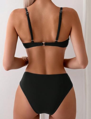 Tainehs Two Piece Swimsuits for Women Spaghetti Strap Bikini Sets Ruched V Neck Mid Rise Back Hook Bathing Suit Black3