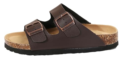 Mesing Sandalias Mules Mujer Verano Plana Hebilla Punta Abierta Sandalias de Pala Cómodo Piel de Ante Pantuflas de Corcho XZ480-Brown-EU38