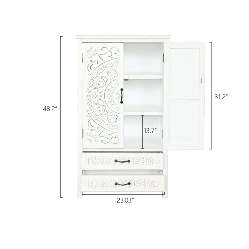 Image of French Country Farmhouse Cabinet - Decorative Storage Cabinet with Vintage White Finish Solid Wood Storage Cabinet for Multi-Room Use, Ideal as a White Sideboard Cabinet in Living Room or Dining Room