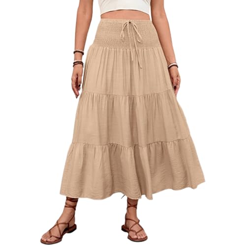 Casual All-Match Solid Color Drawstring A-line Skirt, Women's Casual A-Line Maxi Skirt with Drawstring Waist (Khaki,X-Large)