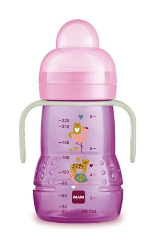 MAM Tasse d'entraînement Night, avec tétine en silicone Skinsoft anti-goutte, facile à attraper, avec poignées qui brillent dans le noir, 4 mois 220 ml, rose vif, nuit