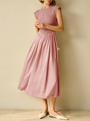 Imily Bela Womens Casual Cap Sleeve Midi Dress Crewneck Swing Flowy Empire Waist Long Dress 2025 Summer Trendy Outfits Pink — view 2