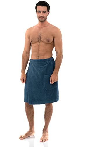 Image of TowelSelections Mens Shower Wrap Adjustable Cotton Terry Bath Gym Cover Up with Snaps Small-Large Stellar Blue