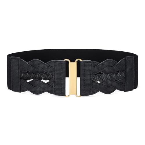 SANSTHS Vintage Stretchy Belt for Women, Womens Wide Elastic Belts for Dresses Coats, Fashion Womens Belts with Gold Buckle
